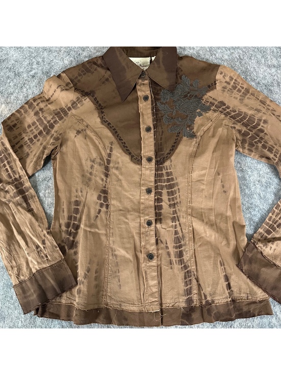 Lulumari Tops - Lulumari Brown Tie Dye Embroidered Raw Edge Button Down Shirt Boho Western S